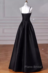 Gorgeous A Line Straps Satin Black Formal Prom Dresses
