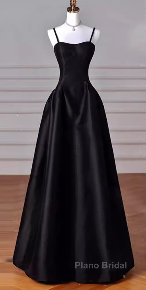Gorgeous A Line Straps Satin Black Formal Prom Dresses