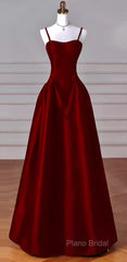 Gorgeous A Line Straps Satin Burgundy Formal Prom Dresses
