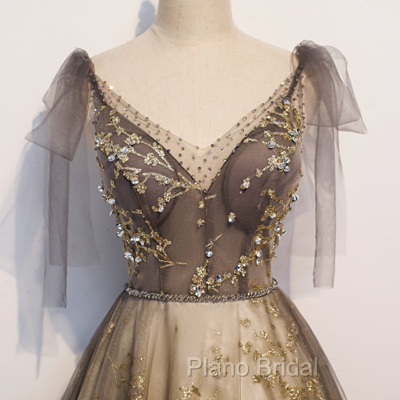 Gorgeous A-line V-neckline Long Party Dresses Formal Prom Dresses, Lace Evening Dresses