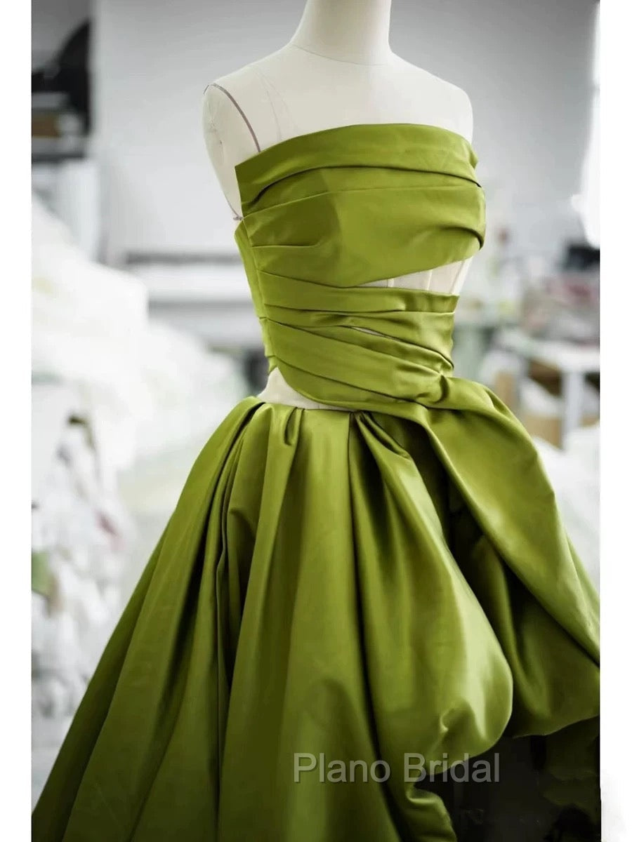 Gorgeous Balll Gown Strapless Green Satin Ruffles Long Evening Dresses Formal Prom Dresses