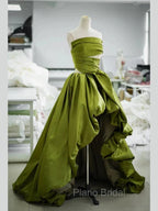 Gorgeous Balll Gown Strapless Green Satin Ruffles Long Evening Dresses Formal Prom Dresses
