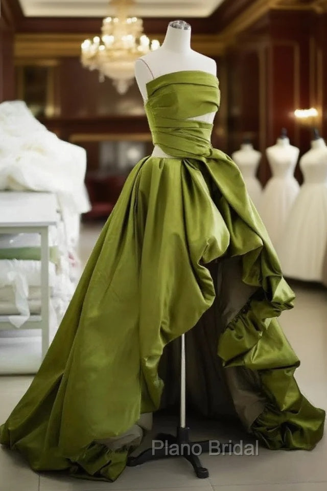 Gorgeous Balll Gown Strapless Green Satin Ruffles Long Evening Dresses Formal Prom Dresses