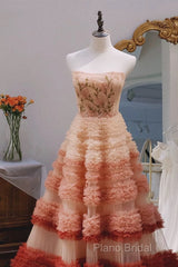 Gorgeous Balll Gown Strapless Tulle Pink Ruffles Long Formal Dresses Formal Prom Dresses