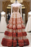 Gorgeous Balll Gown Strapless Tulle Pink Ruffles Long Formal Dresses Formal Prom Dresses