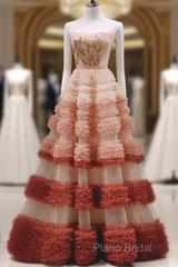 Gorgeous Balll Gown Strapless Tulle Pink Ruffles Long Formal Dresses Formal Prom Dresses
