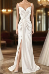 Gorgeous Beach Wedding Dresses Mermaid Sleeveless Formal Dresses V Neck Straps Split Ivory Bridal Gown With Court Train