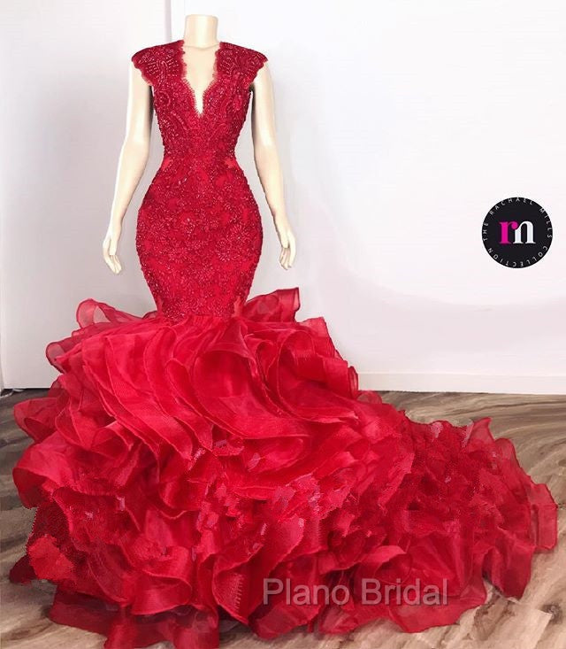 Gorgeous Beads Appliques Red Formal Prom Dresses Ruffles Fit and Flare Alluring Evening Gowns Secondary image