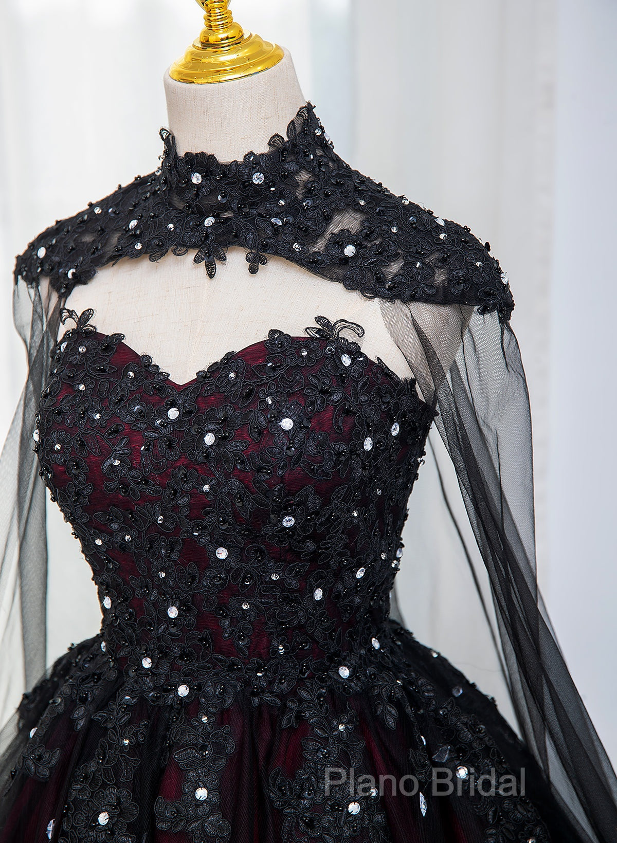Gorgeous Black And Red Tulle Ball Gown Sweet 16 Dresses With Cape, Long Formal Prom Dresses