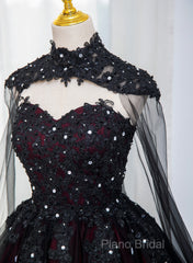 Gorgeous Black And Red Tulle Ball Gown Sweet 16 Dresses With Cape, Long Formal Prom Dresses