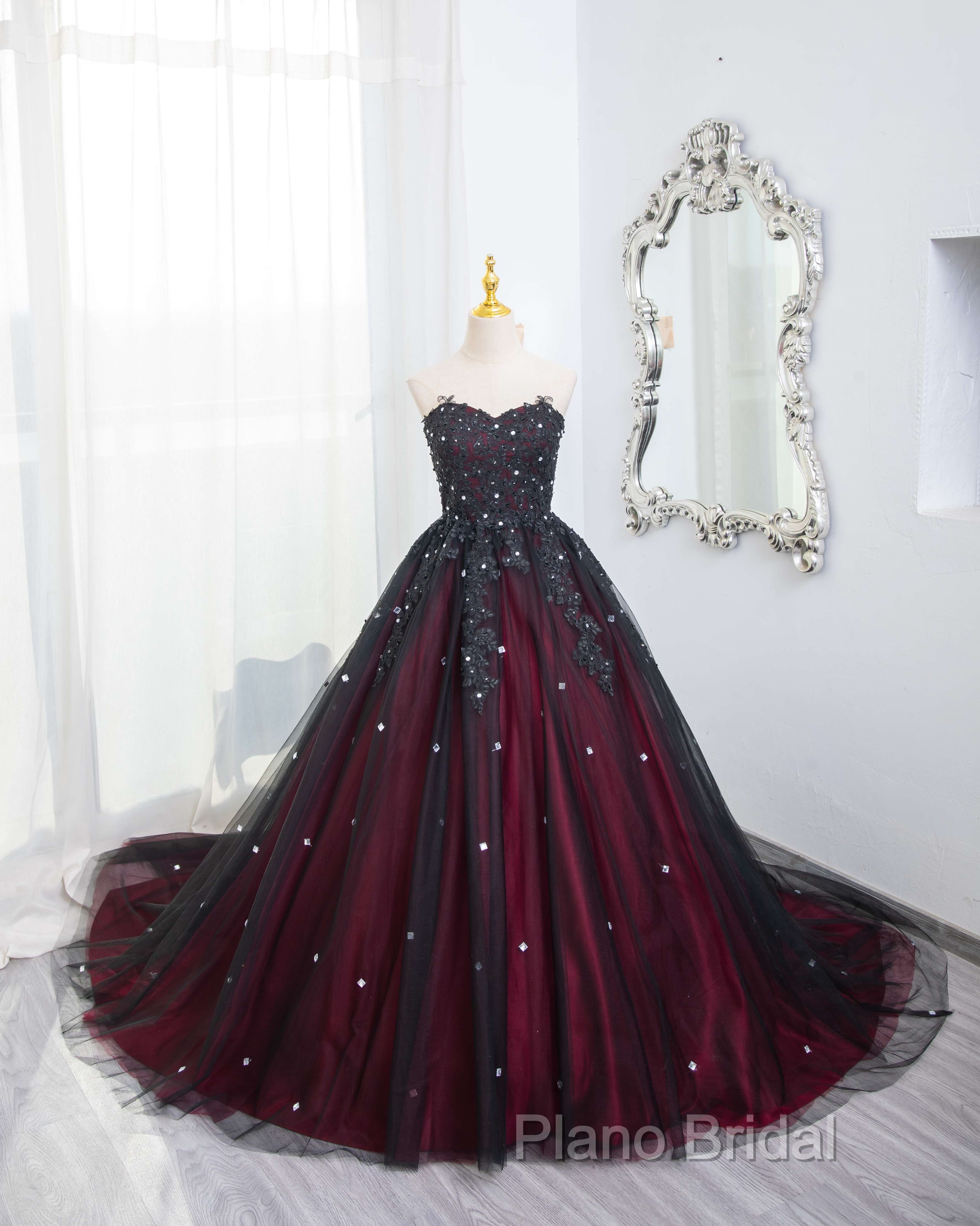 Gorgeous Black And Red Tulle Ball Gown Sweet 16 Dresses With Cape, Long Formal Prom Dresses