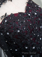 Gorgeous Black And Red Tulle Ball Gown Sweet 16 Dresses With Cape, Long Formal Prom Dresses