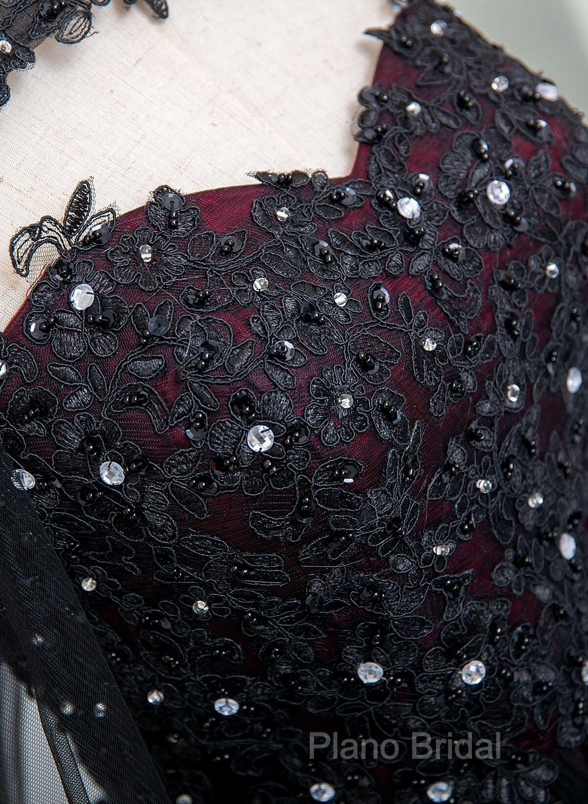 Gorgeous Black And Red Tulle Ball Gown Sweet 16 Dresses With Cape, Long Formal Prom Dresses