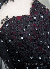 Gorgeous Black And Red Tulle Ball Gown Sweet 16 Dresses With Cape, Long Formal Prom Dresses