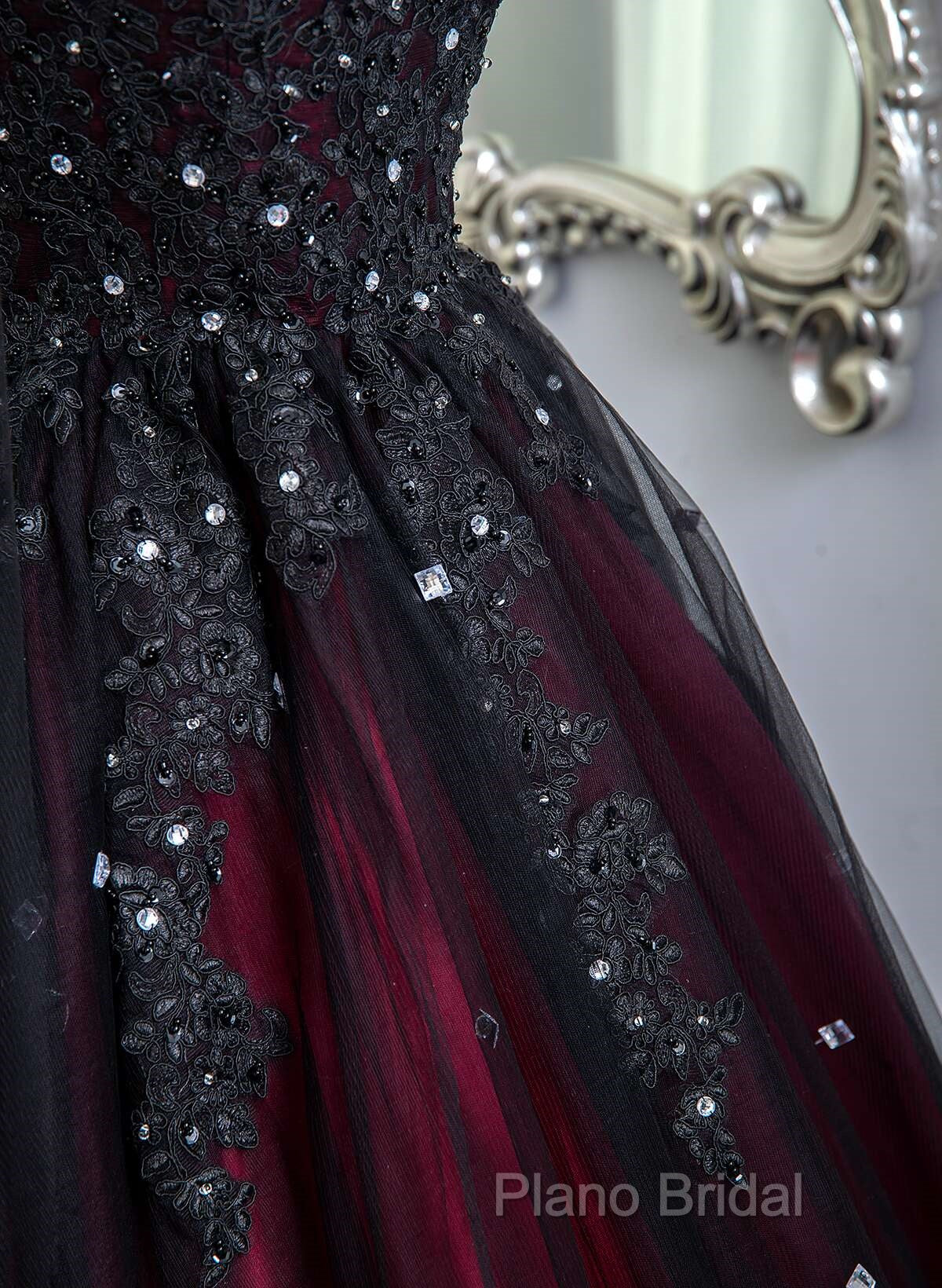 Gorgeous Black And Red Tulle Ball Gown Sweet 16 Dresses With Cape, Long Formal Prom Dresses