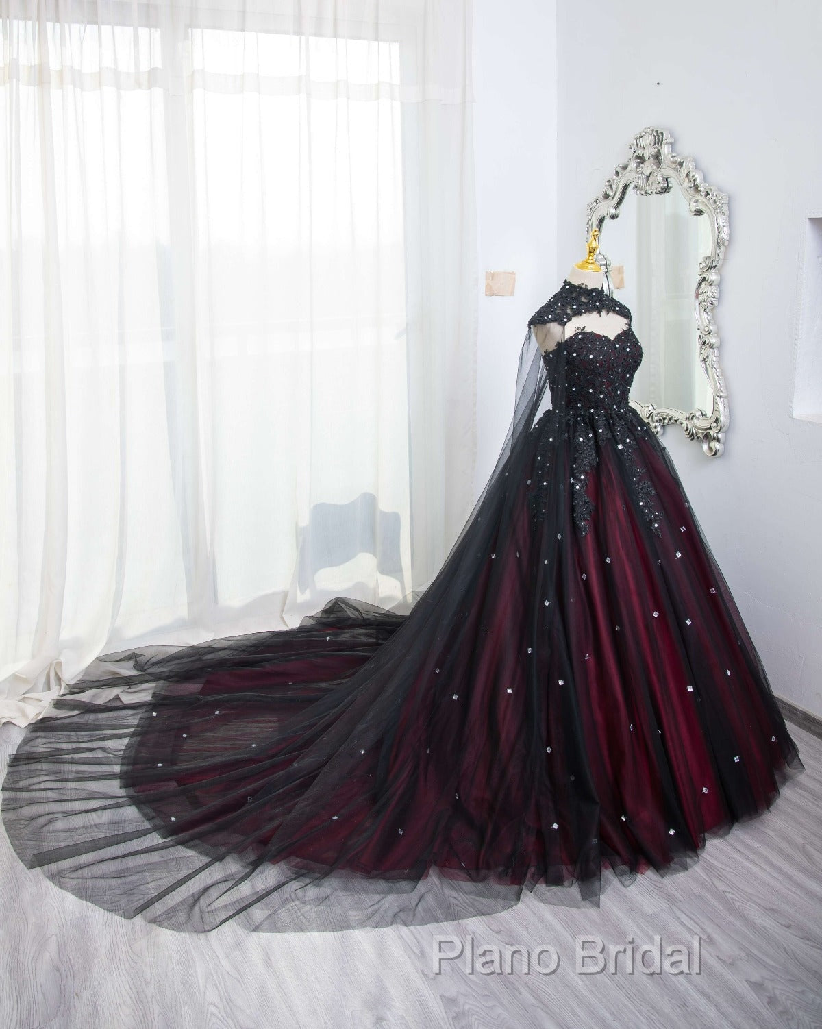 Gorgeous Black And Red Tulle Ball Gown Sweet 16 Dresses With Cape, Long Formal Prom Dresses