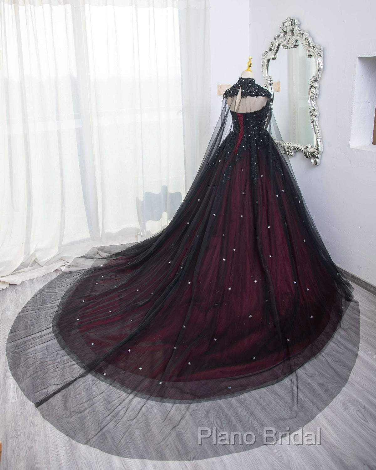 Gorgeous Black And Red Tulle Ball Gown Sweet 16 Dresses With Cape, Long Formal Prom Dresses