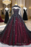 Gorgeous Black And Red Tulle Ball Gown Sweet 16 Dresses With Cape, Long Formal Prom Dresses
