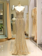 Gorgeous Black Evening Dresses Mermaid Luxury Heavy Beaded Straps Long Formal Evening Dresses