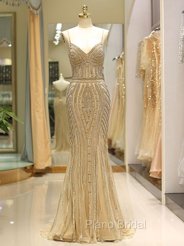 Gorgeous Black Evening Dresses Mermaid Luxury Heavy Beaded Straps Long Formal Evening Dresses