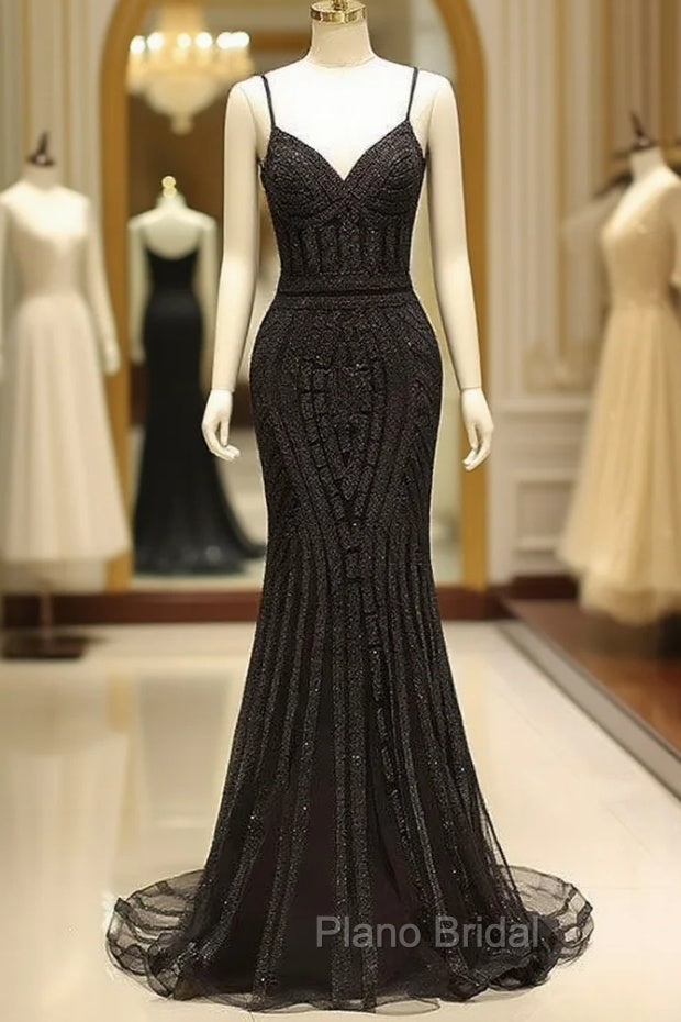 Gorgeous Black Evening Dresses Mermaid Luxury Heavy Beaded Straps Long Formal Evening Dresses Main image