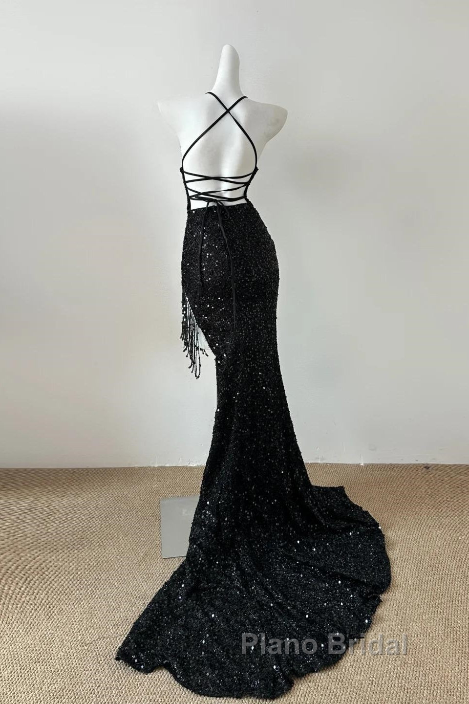 Gorgeous Black Sequin Mermaid Spaghetti Strap Vling Long Formal Prom Dresses Backless Formal Evening Dresses Secondary image