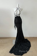 Gorgeous Black Sequin Mermaid Spaghetti Strap Vling Long Formal Prom Dresses Backless Formal Evening Dresses