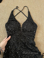 Gorgeous Black Sequin Mermaid Spaghetti Strap Vling Long Formal Prom Dresses Backless Formal Evening Dresses