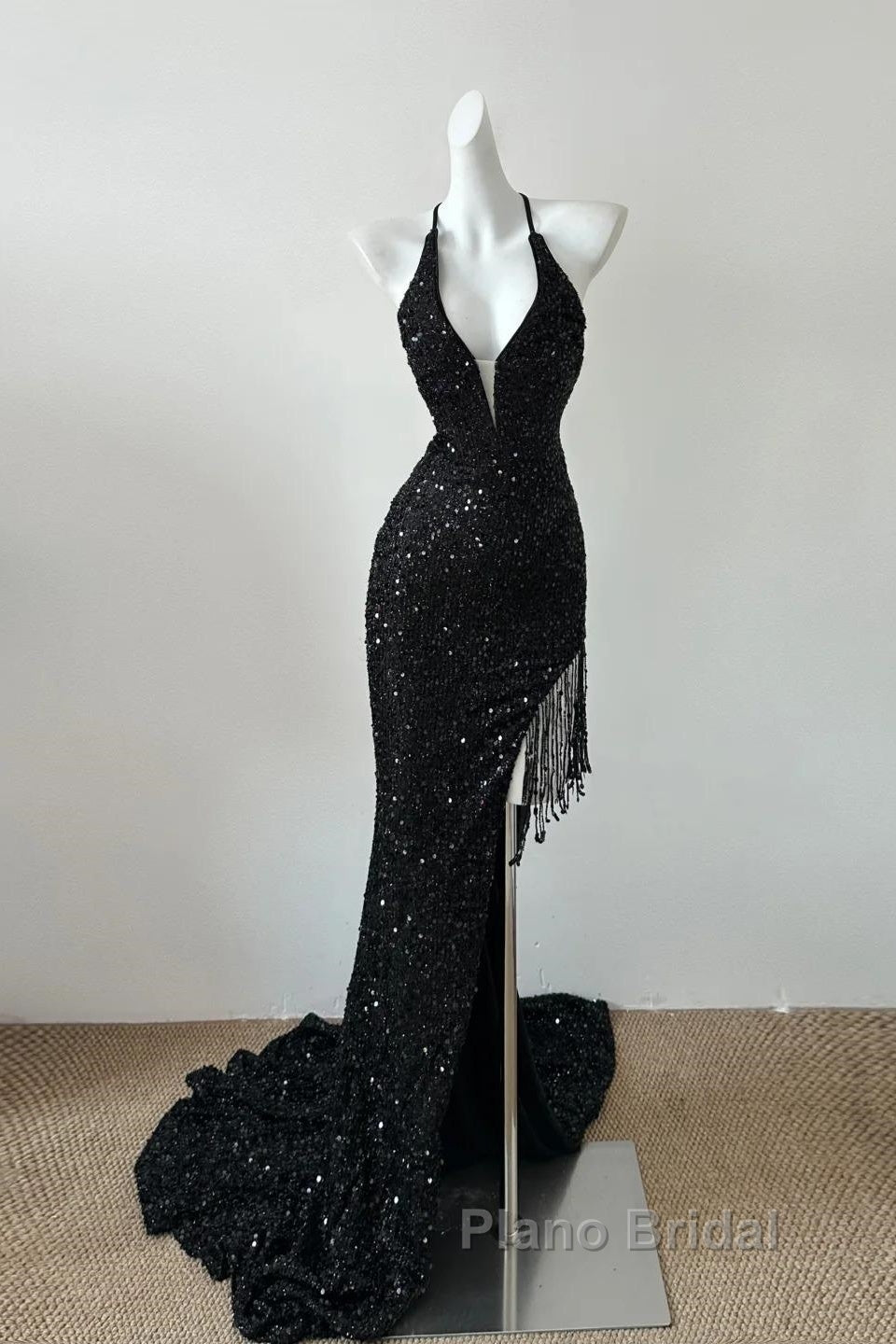 Gorgeous Black Sequin Mermaid Spaghetti Strap Vling Long Formal Prom Dresses Backless Formal Evening Dresses