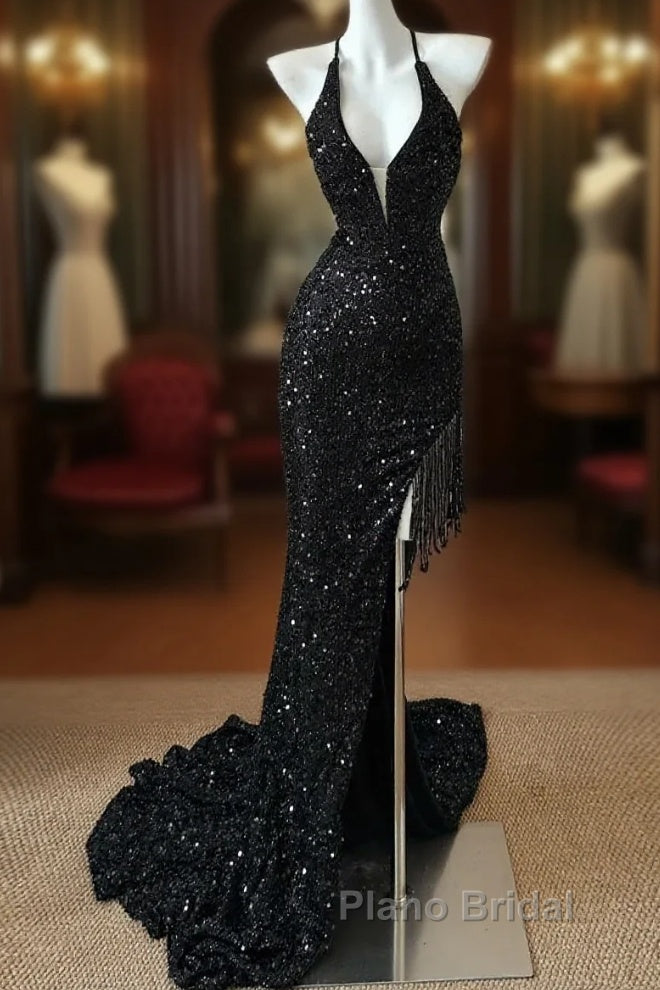 Gorgeous Black Sequin Mermaid Spaghetti Strap Vling Long Formal Prom Dresses Backless Formal Evening Dresses Main image