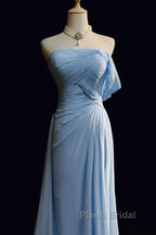 Gorgeous Blue A-Line Chiffon Pleated One Shoulder Slit Long Evening Gown Ball Gown Wedding Dresses