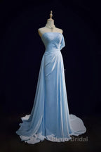 Gorgeous Blue A-Line Chiffon Pleated One Shoulder Slit Long Evening Gown Ball Gown Wedding Dresses