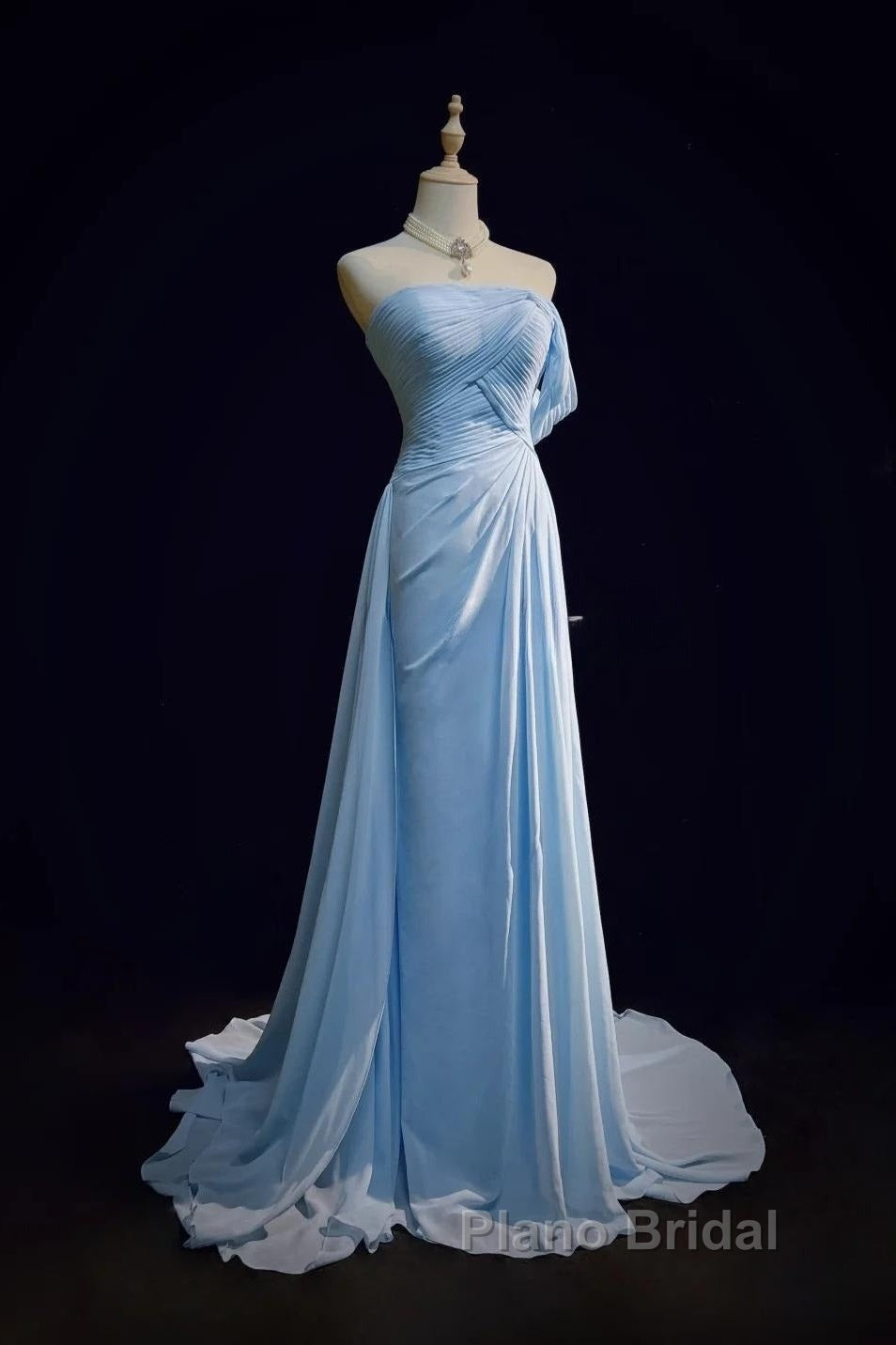 Gorgeous Blue A-Line Chiffon Pleated One Shoulder Slit Long Evening Gown Ball Gown Wedding Dresses