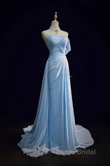 Gorgeous Blue A-Line Chiffon Pleated One Shoulder Slit Long Evening Gown Ball Gown Wedding Dresses