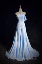 Gorgeous Blue A-Line Chiffon Pleated One Shoulder Slit Long Evening Gown Ball Gown Wedding Dresses