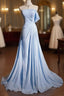 Gorgeous Blue A-Line Chiffon Pleated One Shoulder Slit Long Evening Gown Ball Gown Wedding Dresses