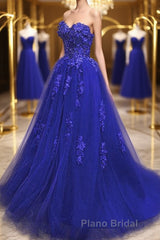 Gorgeous Blue Lace Floral Long Formal Prom Dress, Blue Appliques Formal Evening Dress, Blue Ball Gown