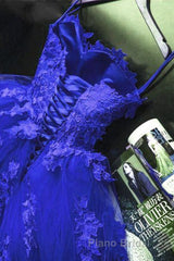 Gorgeous Blue Lace Floral Long Formal Prom Dress, Blue Appliques Formal Evening Dress, Blue Ball Gown
