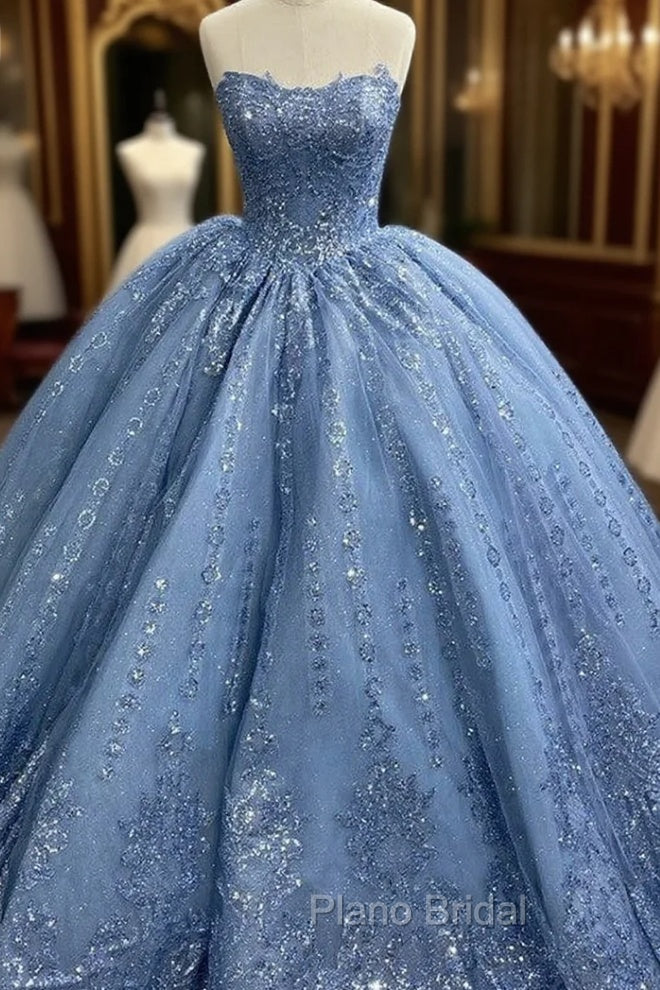 Gorgeous Blue Sleeveless Strapless Ball Gown Quinceanera Dresses