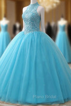 Gorgeous Blue Tulle Ball Gown Lace Top Sweet 16 Dresses, Blue Quinceanera Dresses
