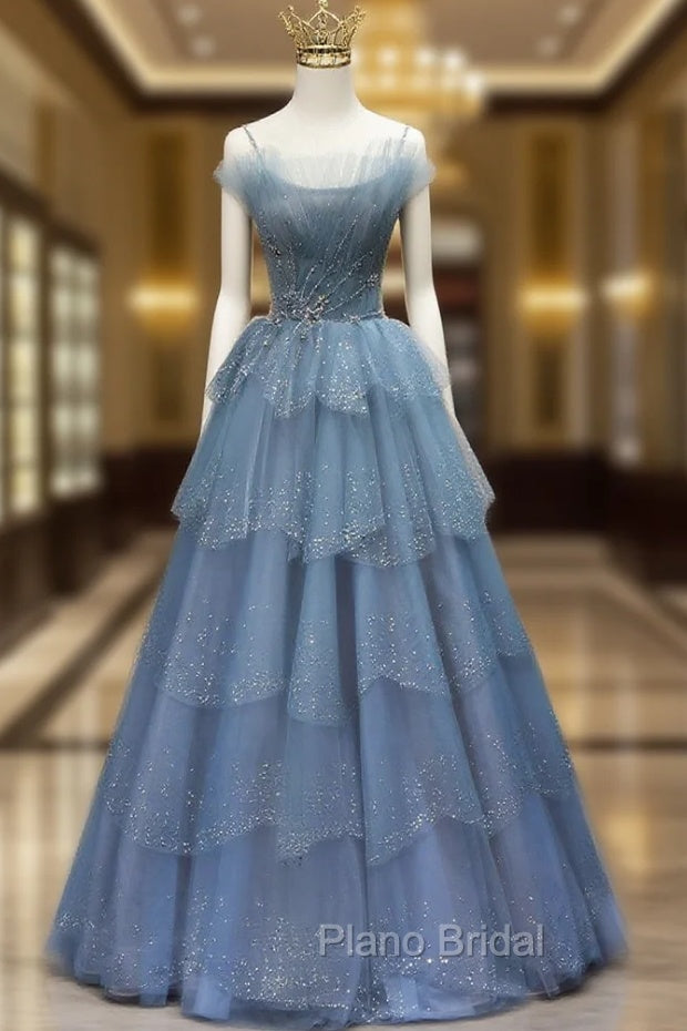 Gorgeous Blue Tulle Layers Beaded Long Wedding Party Dresses, Blue Formal Gown Secondary image