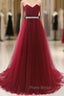 Gorgeous Burgundy Sweetheart Long Formal Prom Dresses Tulle Crystal Evening Gown