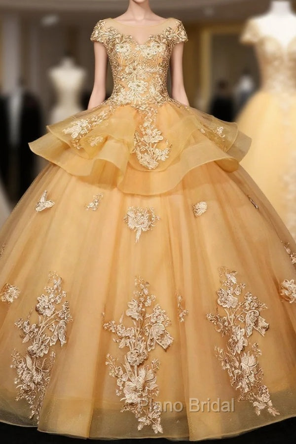 Gorgeous Champagne Ball Gown Sweet 16 Gown with Lace, Flowers Lace Formal Dresses