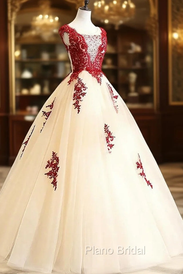Gorgeous Champagne Tulle Long Sweet 16 Dresses with Red Lace, Formal Gown Secondary image