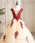 Gorgeous Champagne Tulle Long Sweet 16 Dresses with Red Lace, Formal Gown