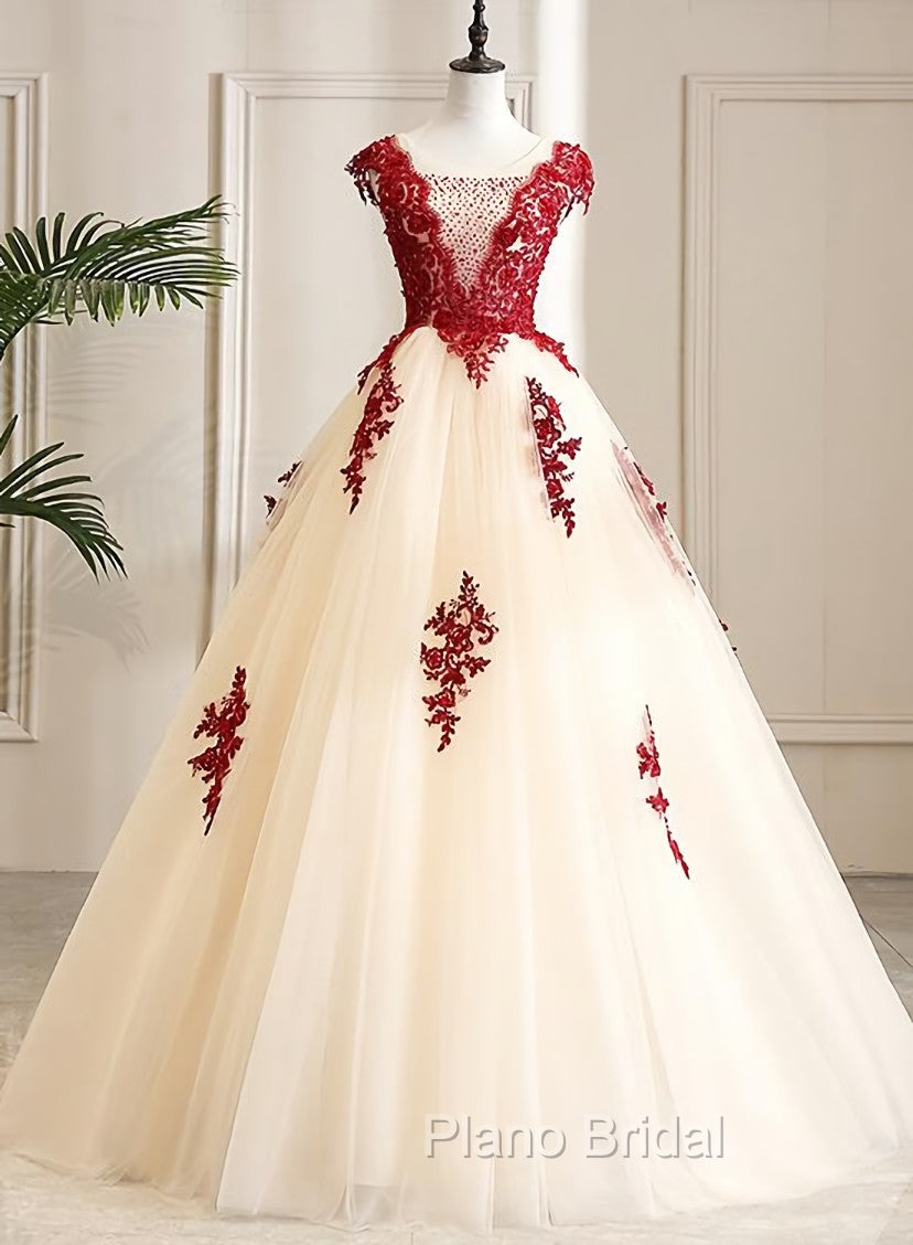 Gorgeous Champagne Tulle Long Sweet 16 Dresses with Red Lace, Formal Gown Main image