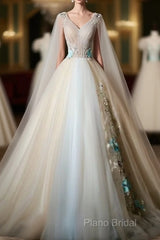 Gorgeous Champagne Tulle V-Neckline Sweet 16 Dresses, Quinceanera Dresses