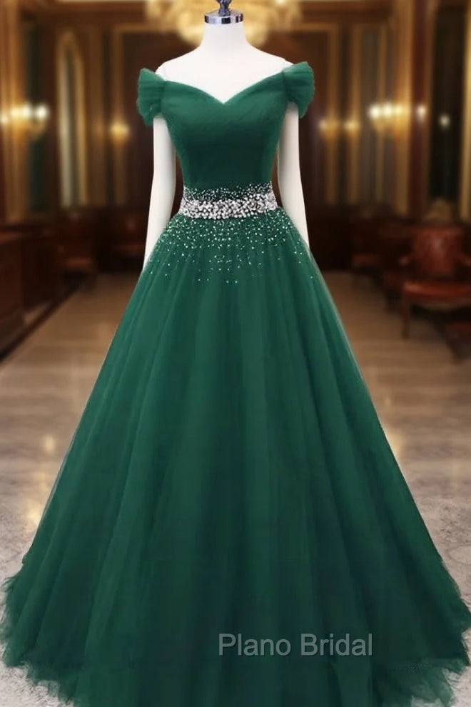 Gorgeous Dark Green Tulle Off Shoulder Long Party Dresses, Formal Prom Gown Secondary image