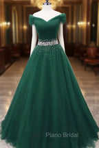 Gorgeous Dark Green Tulle Off Shoulder Long Party Dresses, Formal Prom Gown