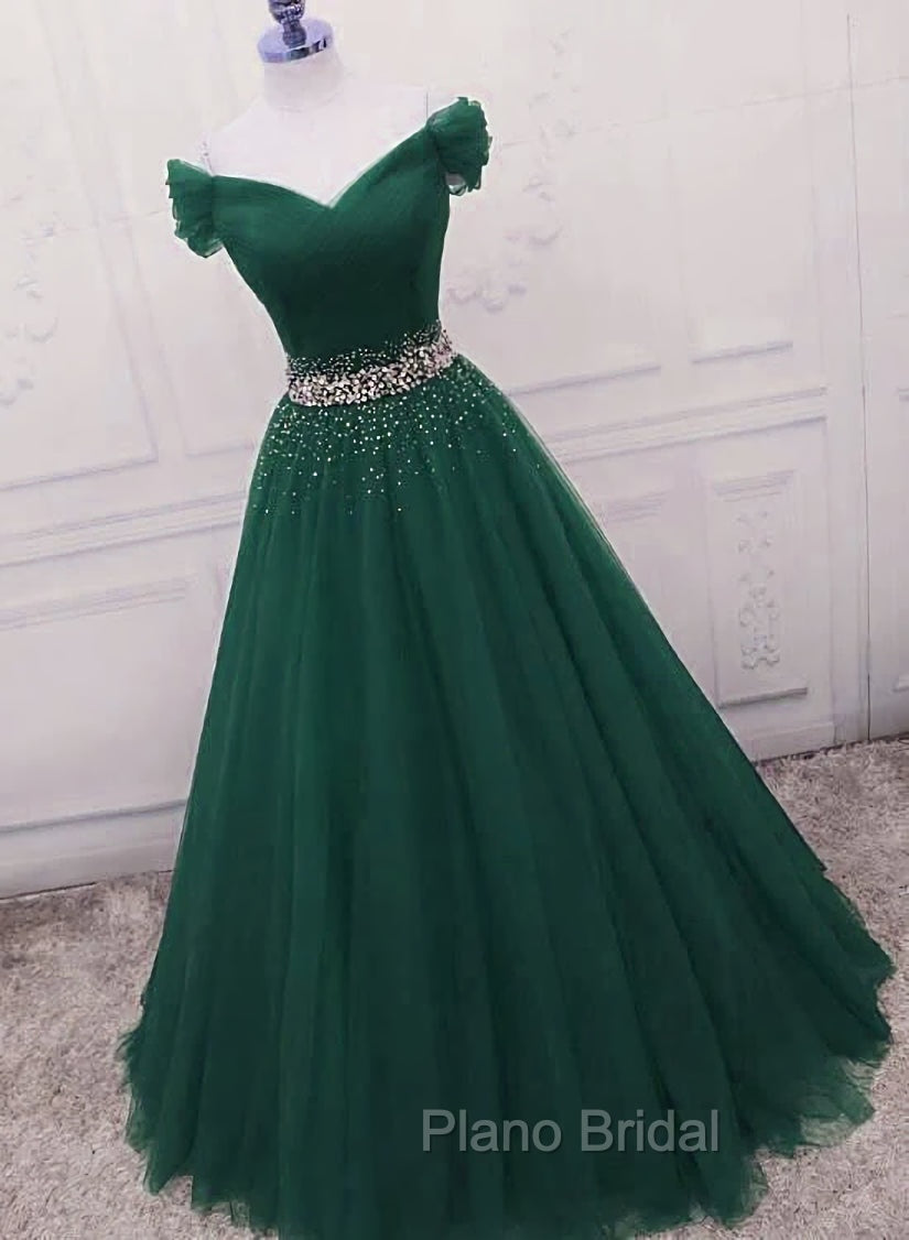 Gorgeous Dark Green Tulle Off Shoulder Long Party Dresses, Formal Prom Gown Main image